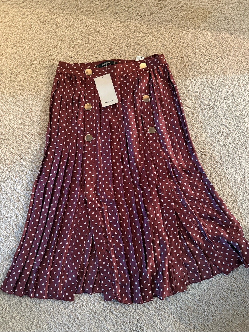 Zara Burgundy Polka Dot Pleated Midi Skirt with Gold Buttons - Picture 2 of 5